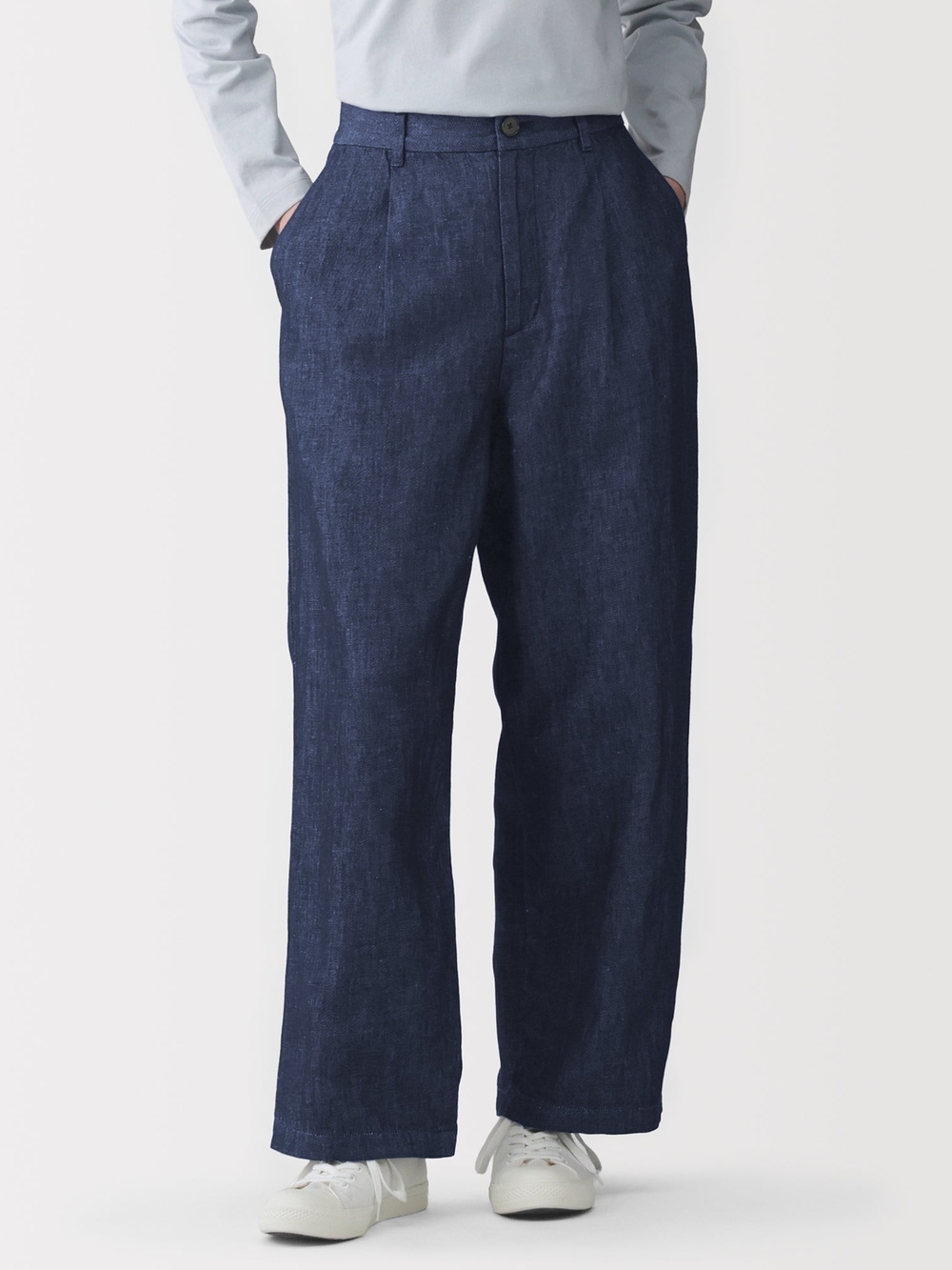 Muji Hemp Blend Denim Straight Pants With Elastic Waist Band Medium Navy Blue
